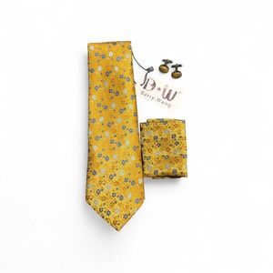 Barry Wang Mens Yellow Floral Silk Tie Set Pocket Square Cufflinks NWT